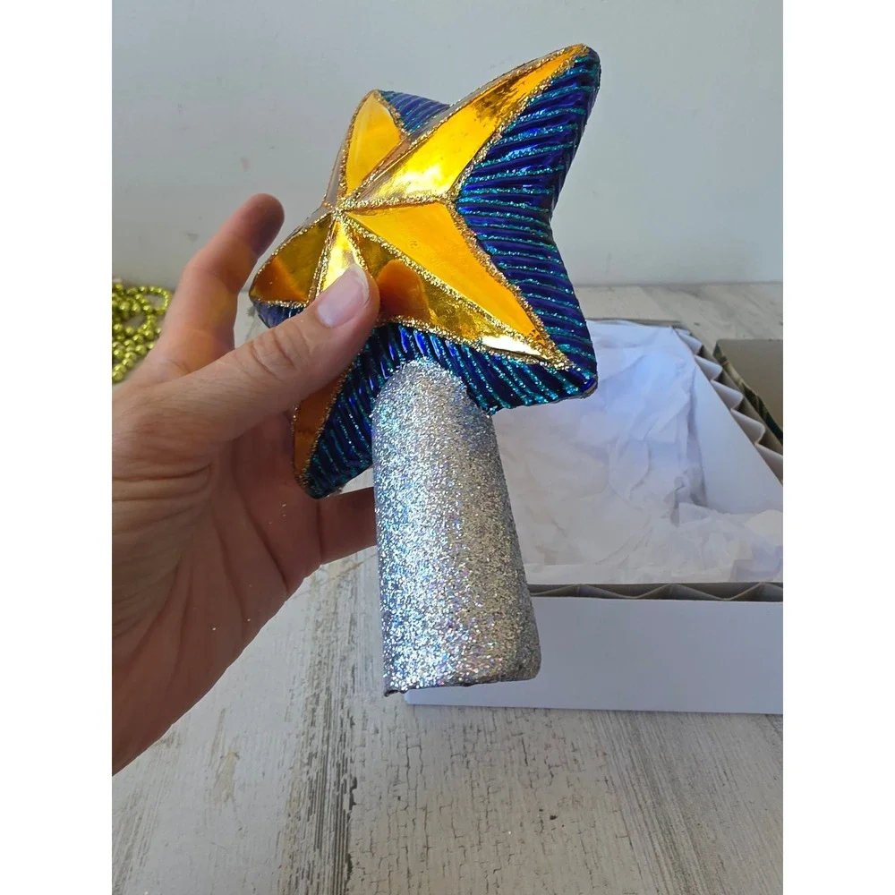 OWC old world star glitter tree topper gold blue Xmas glass tree